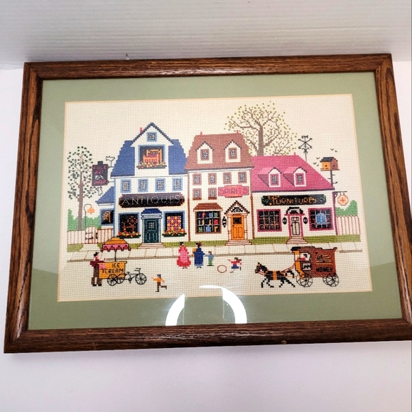 Framed Vintage Handmade Cross Stitch Summer Street Scene Charles Wysocki